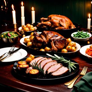 traditional-sunday-roast-turkey-and-sliced-beef-roast-potatoes-fresh-cooked-vegetables-lightly-st